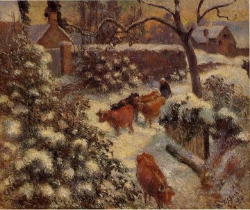 牛 雄牛 Painting - モンフーコー 1882 カミーユ ピサロの雄牛の雪の効果
